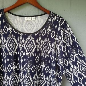 Cato Ikat Aztec 3/4 Sleeve Top Blue White Black 18
